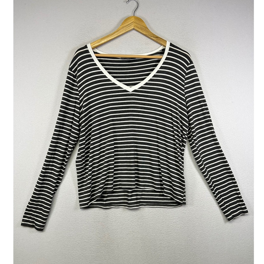 Nautical Parisian Lulus Womens XL Gray White Striped V-Neck Long Sleeve Top